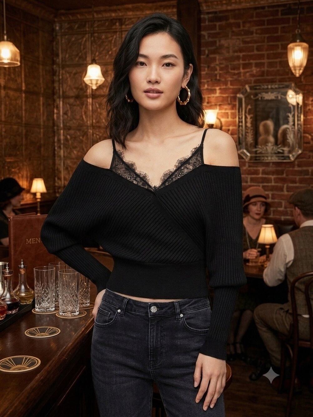 Urban Revivo Lace & Knitted Sweater, Black, Small - Picture 1 of 5